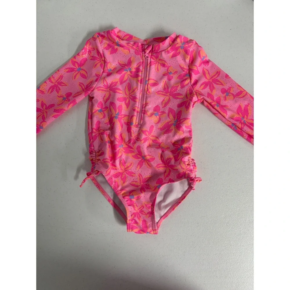 Nicole Miller New York Kids Pink Floral Long Sleeve Glitter Swimsuit Size 6 NWT